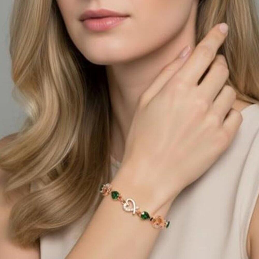 14K Gold Plated Green Heart Link Bracelet Crystal Rhinestone Minimalist Jewelry